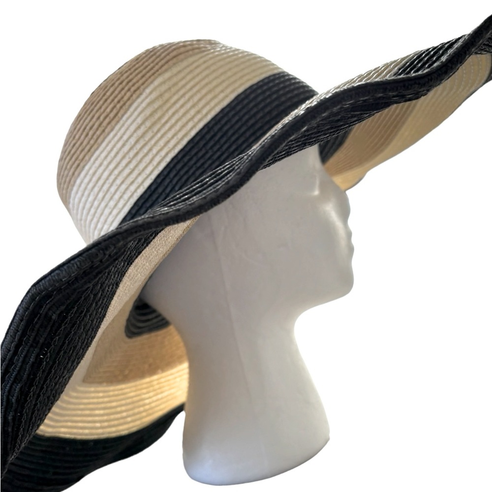 Large Brim Straw Hat Tan, Beige and Black One Size